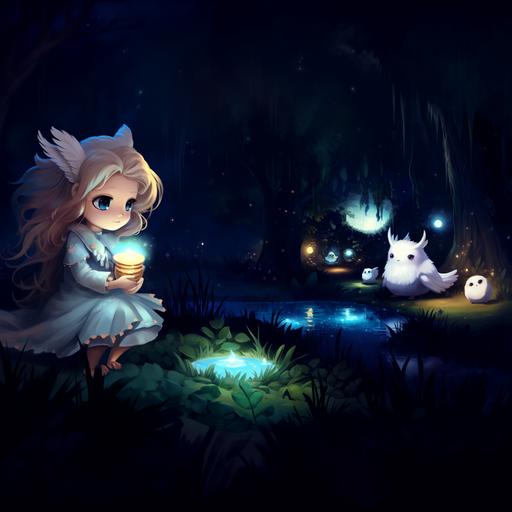 cute ghost sees an owl in the forest , gray shiny unicorn and cute fairy--ar 1:1