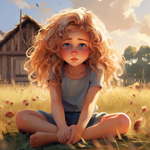 cute girl, 5 years old, blonde curly hair, light face with sprinkles, blue eyes, upset, sitting on the ground in grassland, back against a barn, cartoon style,