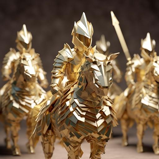 /cute gold tinfoil origami knights, riding origami horse , battle, silver tinfoil origami knights with swords in pixelized fantasy , cinematic, high pov, concept art, painting