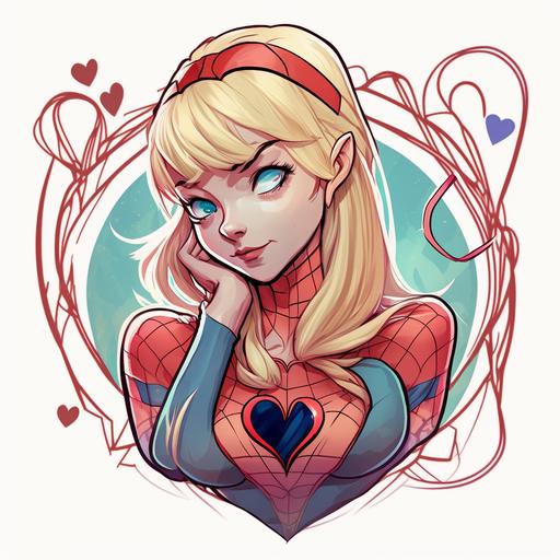 cute gwen stacy from spiderman, making heart from web, draw style, coloured