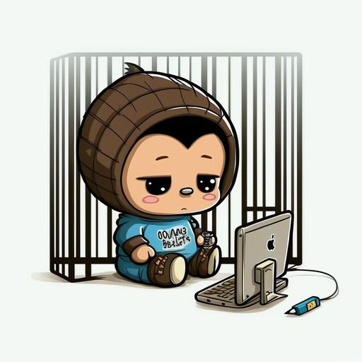 cute hacker baby siting in jail. cartoon