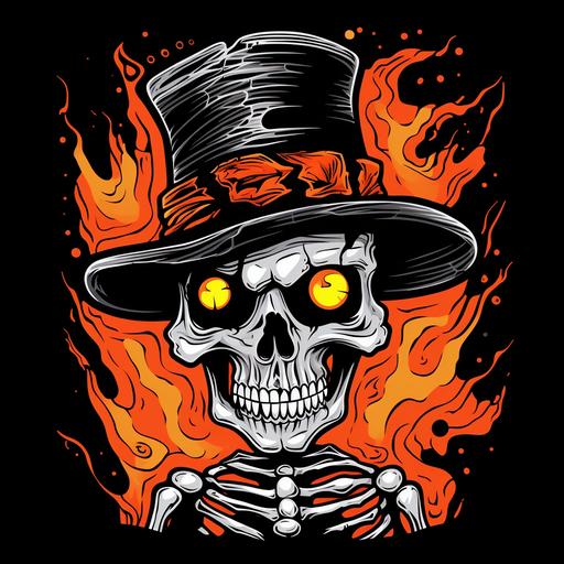 cute halloween themed, skeleton wearing a hat, tshirt design graphic, jagged edges, caricature, appropriation artist, digitally enhanced, contour, no background --no mockup --v 5.2