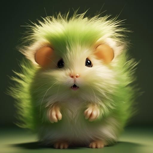 cute hamster, small fuzzy hands for ears, long hair on head, realistic style, realistic color green fur