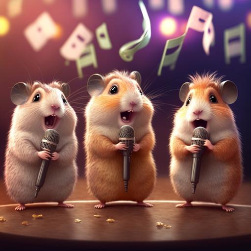 Three cute hamsters singing at karaoke, hd