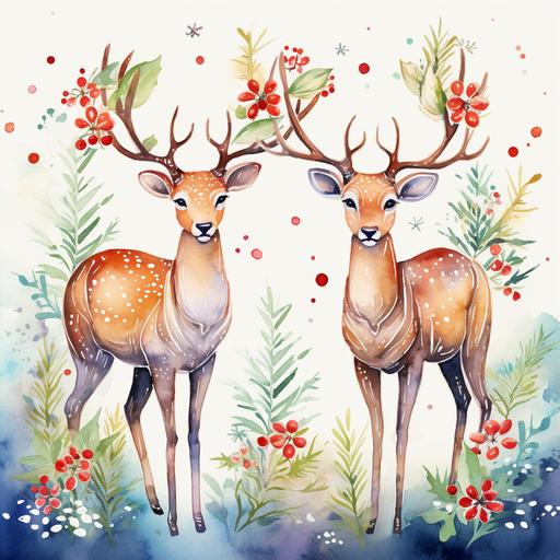 cute hand painted watercolor style reindeers, festive
