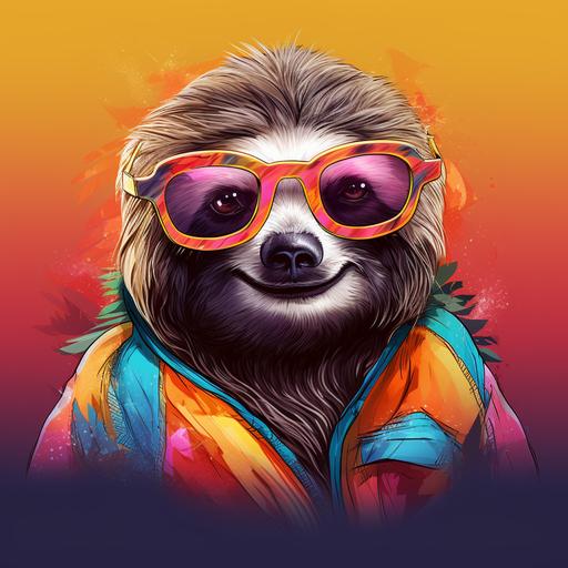 cute happy character sloth wearing sun glasses and bright coloured shirt