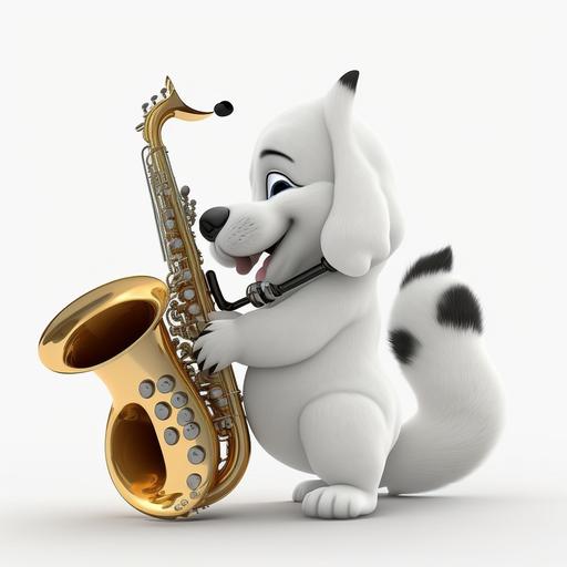 cute happy puppy with yin yang background paying a saxophone, 3d, cartoon, white background