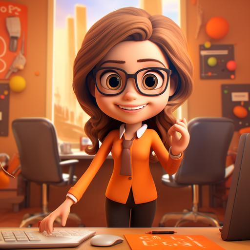 cute happy secretary welcome, orange tones, cute, 3d pixar style