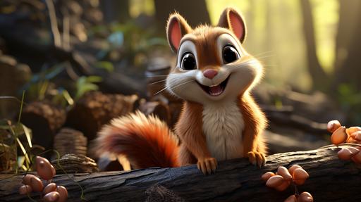 cute happy squirrel, eating peanuts on top of the tree, day, cartoon, funny, Pixar --ar 16:9 --v 5.2 --s 750