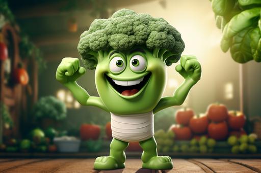 cute human like cartoon character, strong, muscles, female, health guru, vegetables everywhere, green and white colors, vegetables in the background --ar 3:2