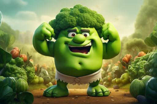 cute human like cartoon character, strong, muscles, woman, health guru, vegetables everywhere, green and white colors, vegetables in the background --ar 3:2