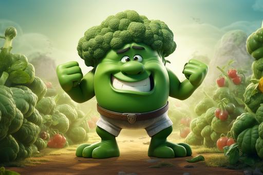 cute human like cartoon character, strong, muscles, woman, health guru, vegetables everywhere, green and white colors, vegetables in the background --ar 3:2