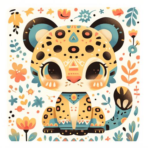 cute japanese style cartoon sticker character of a jaguar with aztec undertones inspired by Mexican culture with white background --s 750 --niji 6