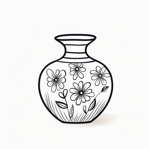 cute japanese vase, simple line drawing, black and white