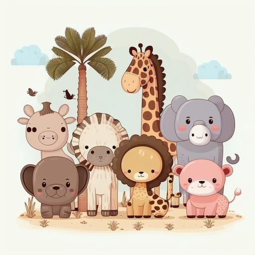 cute kawaii, lion, giraffe, elephant, zebra, monkey, hippopotamus, savane in background