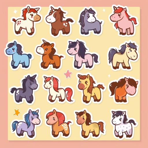 cute kawaii rustic cartoon horses for a sticker pack