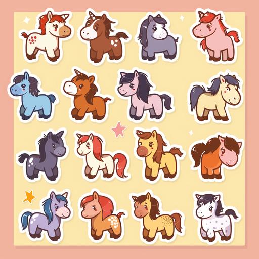 cute kawaii rustic cartoon horses for a sticker pack --v 6.0