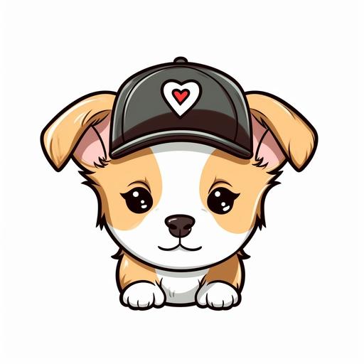 cute kawaii style dog wearing a baseball hat with heart logo on it, vector, black outline, white background