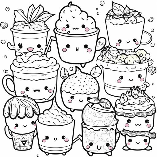 cute kawaii style food characters coloring sheet