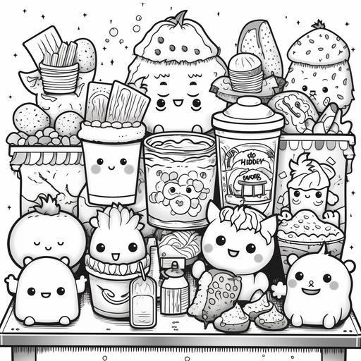 cute kawaii style food characters coloring sheet