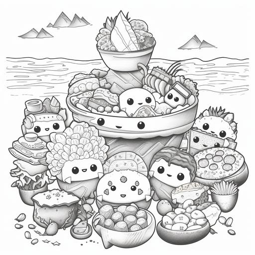 cute kawaii style island food characters coloring sheet, no shading