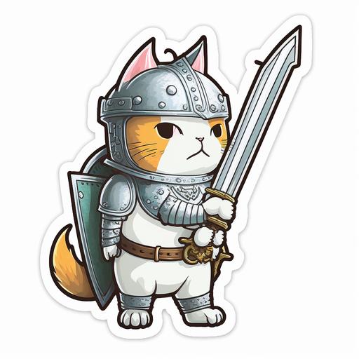 cute knight cat cartoon sticker with white border, white background, --v 4