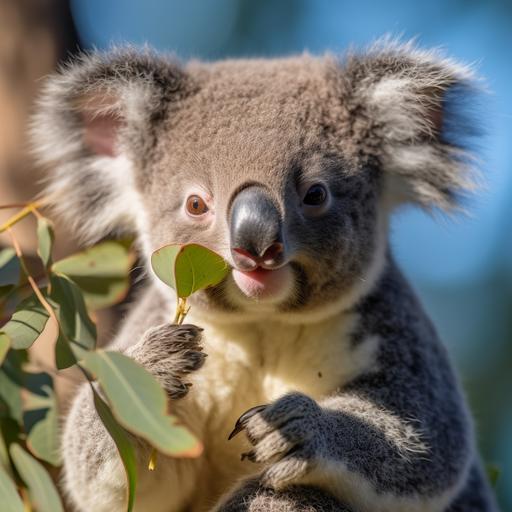 cute koala baby eating eucalyptus, close up, portrait, sitting on a tree, blue sky, bright sunshine, canon 5dmk4, 300mm, f2,8 iso 100,