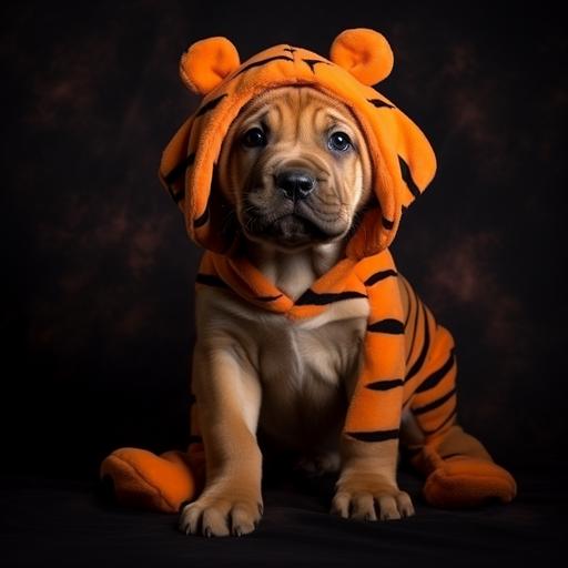 cute labrador puppy wearing 🐯 tiger costume, realistic photography --c 30
