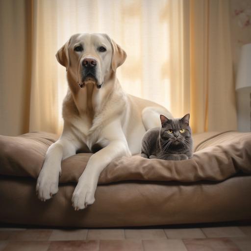 cute large yellow-ish beige labrador retriever dog with dark black nose and tongue out standing up, with a cute grey fat cat with white paws sleeping on top of the dog in a living room. photorealistic.