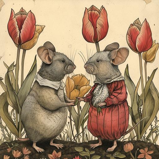 cute lesbian mice, cottagecore drawing, alison bechdel illustrations, tulip-mice-core --v 6.0