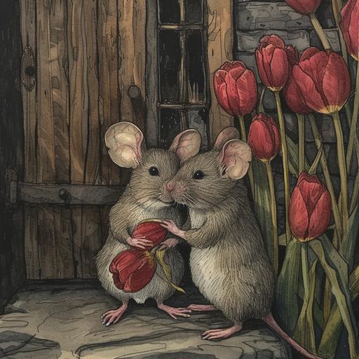 cute lesbian mice, cottagecore drawing, alison bechdel illustrations, tulip-mice-core --v 6.0
