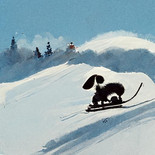 cute little dog skiing on a snow covered hill