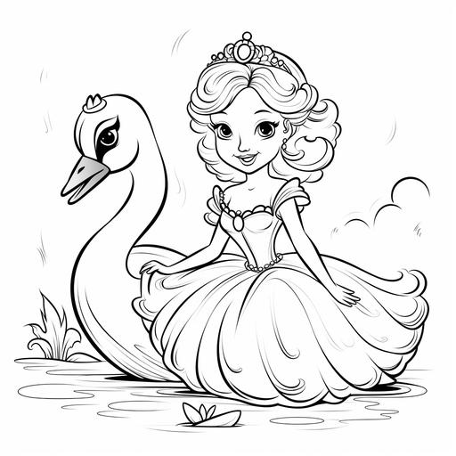 cute little princess looking to swan, cartoon style for coloring book, smile, simple line coloring, black and white sketching, no background, No filling.
