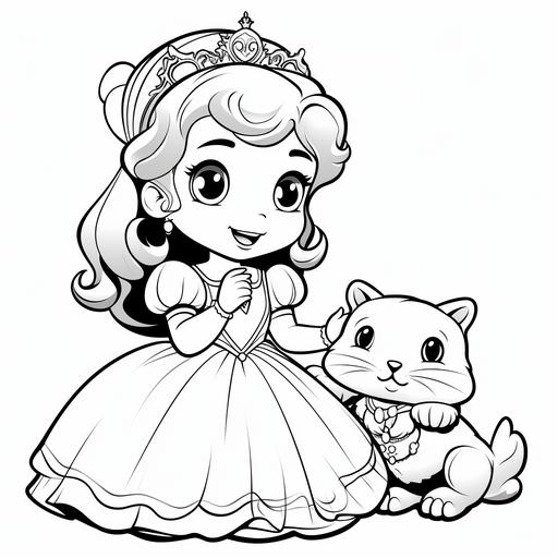cute little princess play with hamster, cartoon style for coloring book, smile, simple line coloring, black and white sketching, no background, No filling.