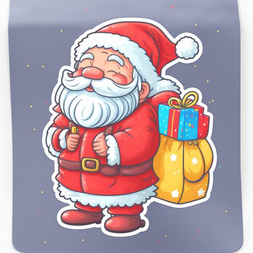 cute little santa with big red gift bag, sticker design by mœbius, cartoon, cartoony, illustration, vibrant colors --v 4