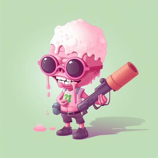 cute little zombie with sun glasses made of pink melting ice cream shooting his shotgun cartoon style --v 5