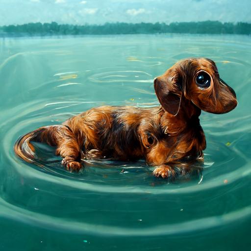 cute, lovely, happy dachshund swimming in a lake. photorealistic