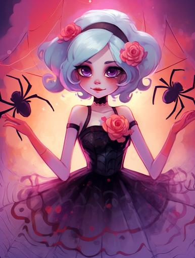 cute magical girl, latrodectus, in the style of artgerm, bold character designs, full body, liam wong, jeremiah ketner, close-up, detailed still lifes, detailed costumes, watercolor, in the style of hauntingly beautiful illustrations :: Ennui, rain, somber, adorable spider/monster girl with dusky purple skin and red accents, extremely gendered, decolletage --stylize 50 --ar 3:4