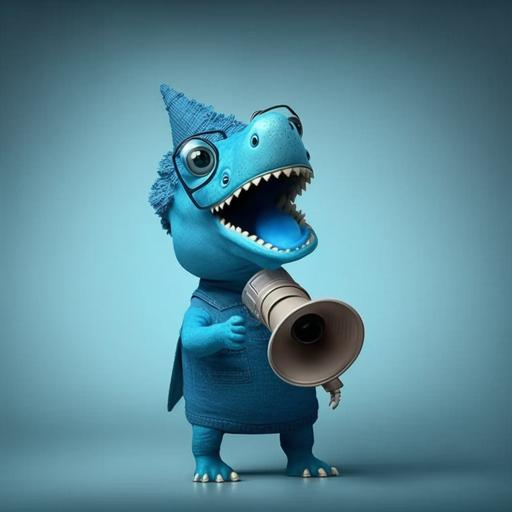 cute marketing professional dinosaur in blue clothes with megaphone in hand