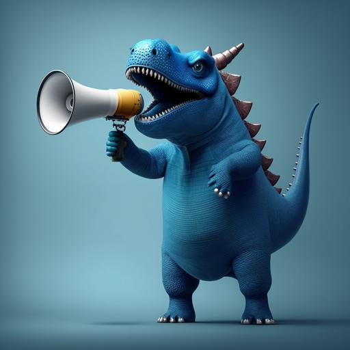 cute marketing professional dinosaur in blue clothes with megaphone in hand