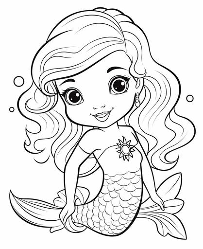 cute mermaid coloring book pages for children, simple low detail, no color, thick lines, cartoon style, no shading, white fill, background --ar 9:11