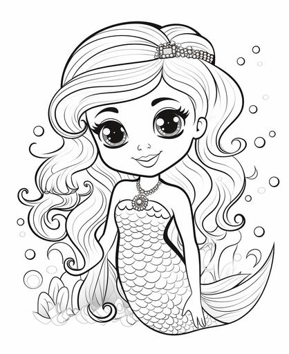 cute mermaid coloring book pages for children, simple low detail, no color, thick lines, cartoon style, no shading, white fill, background --ar 9:11