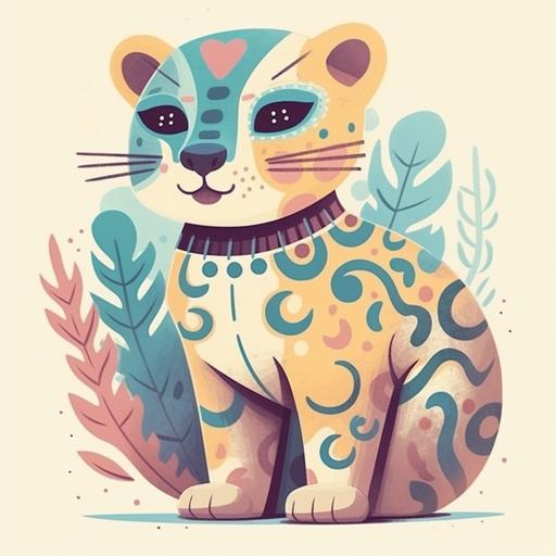 cute mexican jaguar animal character art on the style of studio Ghibli in pastel colors and aztec inspired --s 750 --v 5.0