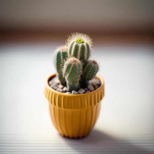 cute mini cactus plant in a pot , white background, depth of field f2.8 3.5, 50mm lens , tilt-shift --v 4