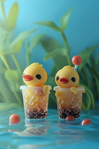 cute miniature ducks swimming on boba tea, anime art style, stimple lofi 80s art style --ar 2:3 --v 6.0