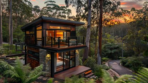 cute modern tiny home, large Australian eucalypt trees, temperate rain forest with ferns, the tiny home is constructed of rusty steel, stone masonry, and dark wood, the home has a two-story glass window facing the Westerly sunset, the tiny home has a loft of one beautiful wooden deck, a drive way up a small hill is visible in the background --ar 16:9