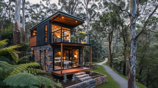 cute modern tiny home, large Australian eucalypt trees, temperate rain forest with ferns, the tiny home is constructed of rusty steel, stone masonry, and dark wood, the home has a two-story glass window facing the Westerly sunset, the tiny home has a loft of one beautiful wooden deck, a drive way up a small hill is visible in the background --ar 16:9
