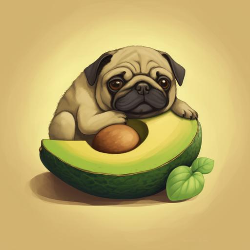 cute old fat pug, cuddling with an avocado