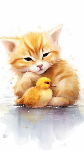 cute orange cat hugging duck, cartoon water color style, --ar 9:16