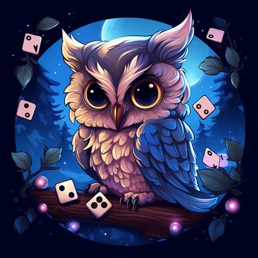 cute owl, night sky, logo, playing with dices, cartoon